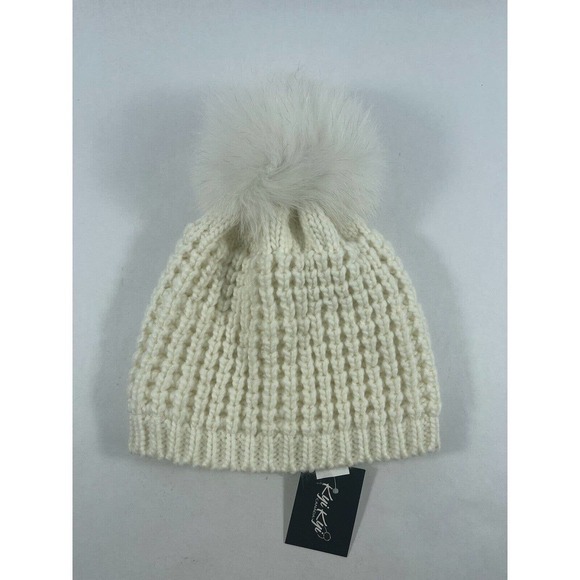 KYI KYI WOMEN’S CLASSIC FOX FUR WAFFLE KNIT POM POM BEANIE IVORY, ONE SIZE - Picture 6 of 8